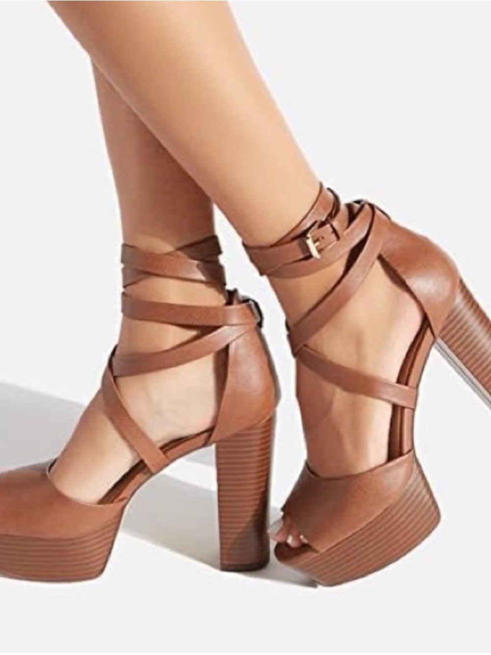 Shoe Dazzle Tan Wrap-Ankle Platform Block Heels